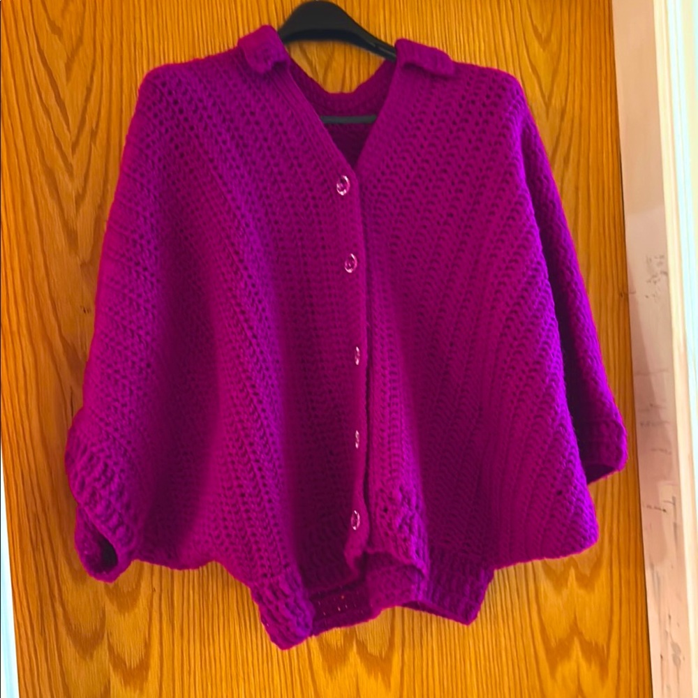 Very bright purple handknit vintage cardigan with short, batwing sleeves